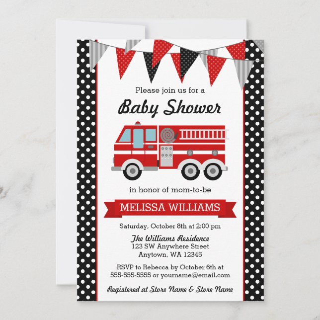 Fire Lastbil Polka Dot Bunting Baby Shower Inbjudningar (Framsida)