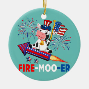 Fire Moo er Cow Riding Firecracker American Flagga Julgransprydnad Keramik