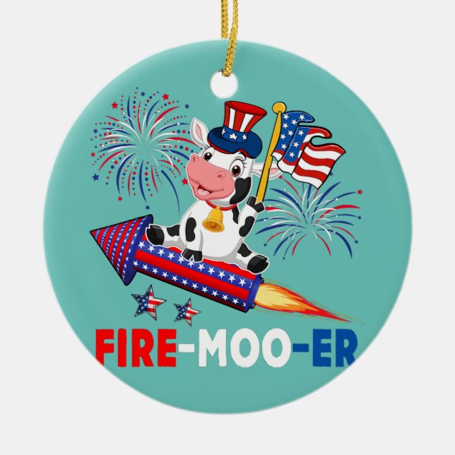 Fire Moo er Cow Riding Firecracker American Flagga Julgransprydnad Keramik (Framsidan)
