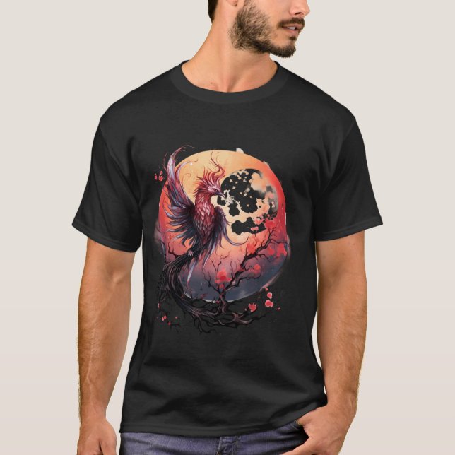 Fire Phoenix Bird Måne Sakura Träd Mythical Bird P T Shirt (Framsida)
