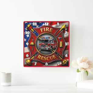 Fire Rädding Heroism American Flagga Fyrkantig Klocka
