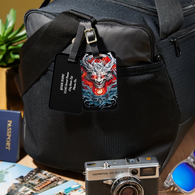 Fire Red Flame Mythical Dragon Head Bagagebricka (Fram & Baksida)