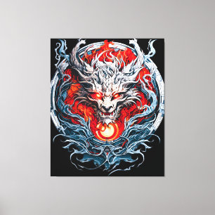 Fire Red Flame Mythical Dragon Head Canvastryck