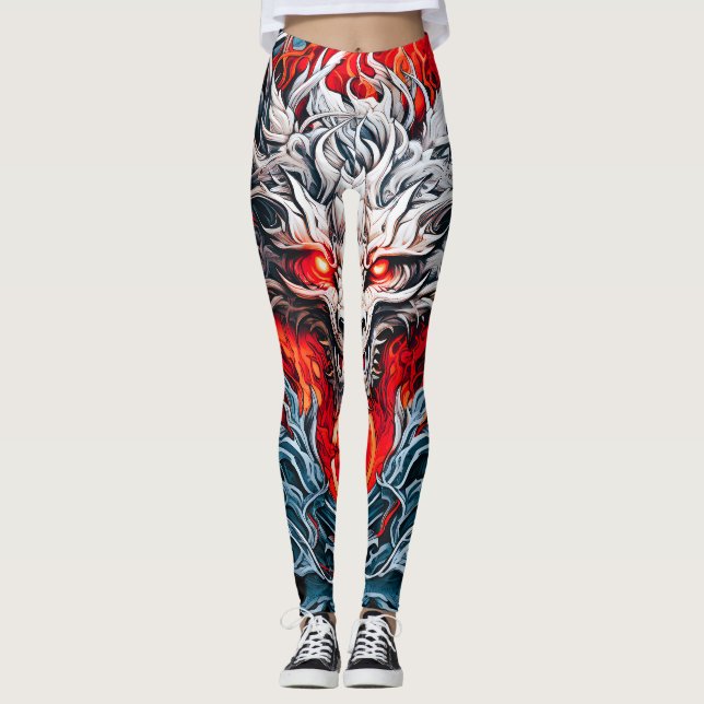 Fire Red Flame Mythical Dragon Head Leggings (Framsida)