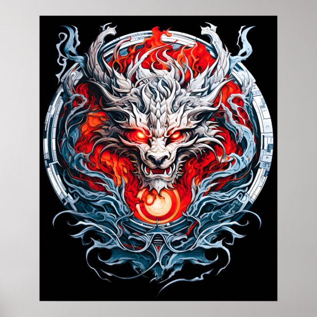 Fire Red Flame Mythical Dragon Head Poster (Framsidan)