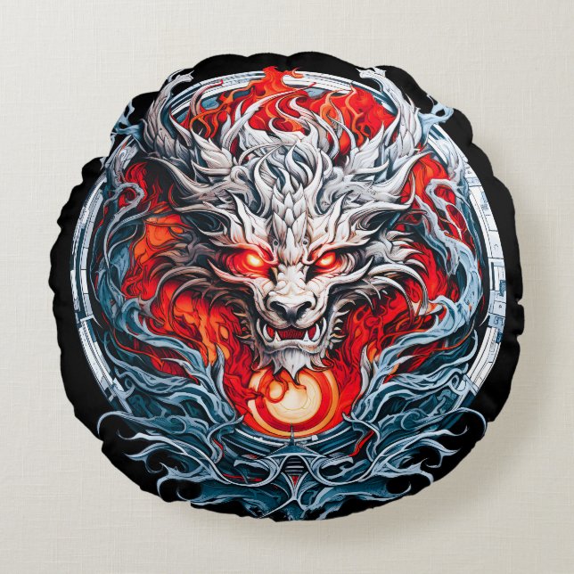 Fire Red Flame Mythical Dragon Head Rund Kudde (Framsidan)