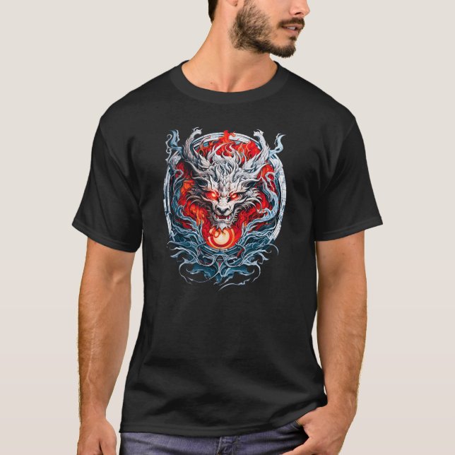 Fire Red Flame Mythical Dragon Head T Shirt (Framsida)