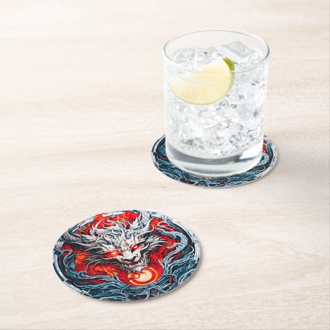 Fire Red Flame Mythical Dragon Head Underlägg Papper Rund (Insitu)