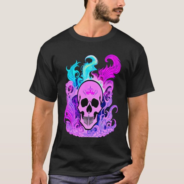 Fire Skull Smoke Pink Skeleton Flames T Shirt (Framsida)