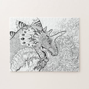 Fire Spitter Dragon Lineart Färg din egen Pussel