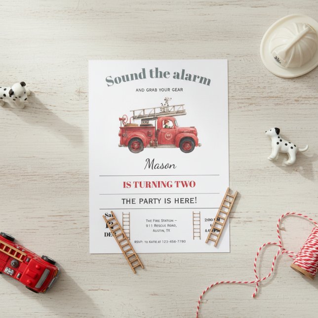 Fire Truck Birthday Invitation Sound the Alarm Inbjudningar (Fire truck birthday invitation with red firefighter theme and sound the alarm design)