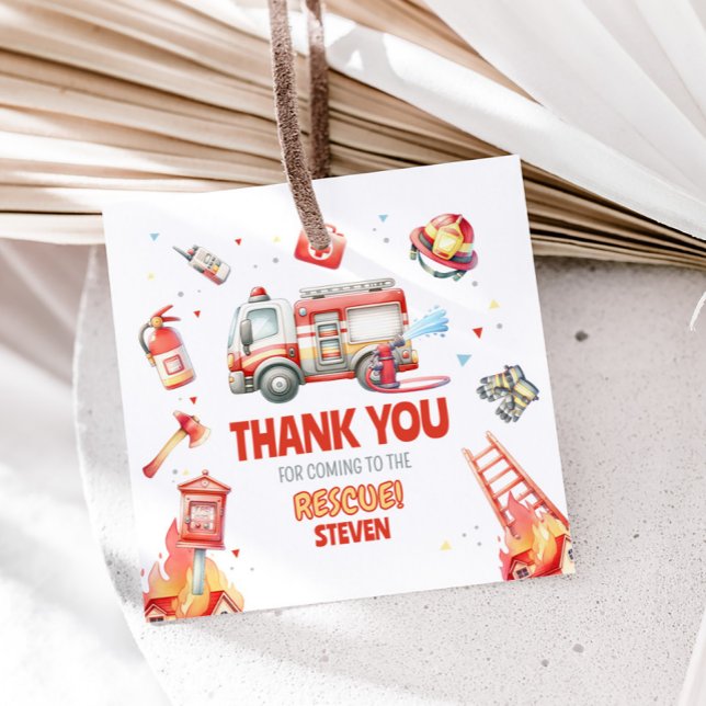 Fire Truck Birthday Party Square Gåvor Etiketter (Fire Truck Birthday Party Favor Tags)