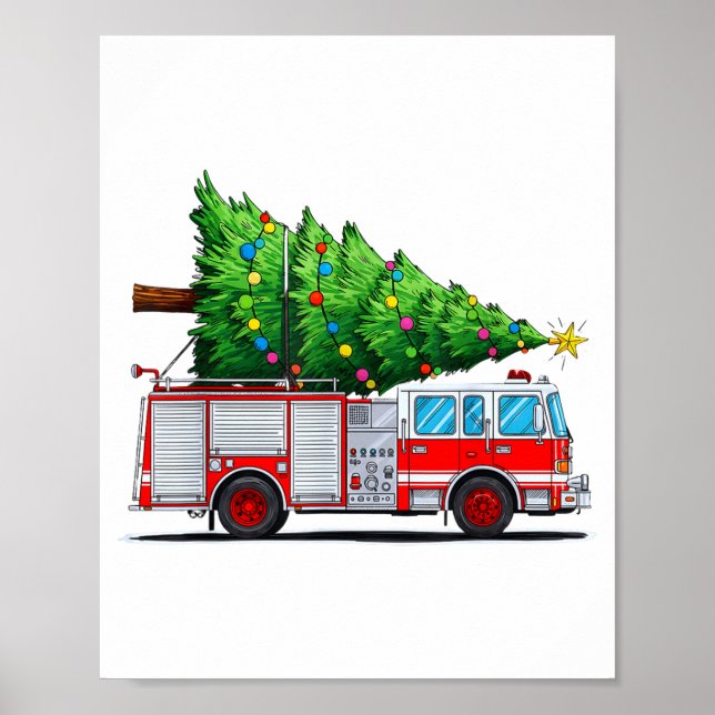 Fire Truck Christmas Tree Xmas Lights Firefighter  Poster (Framsidan)