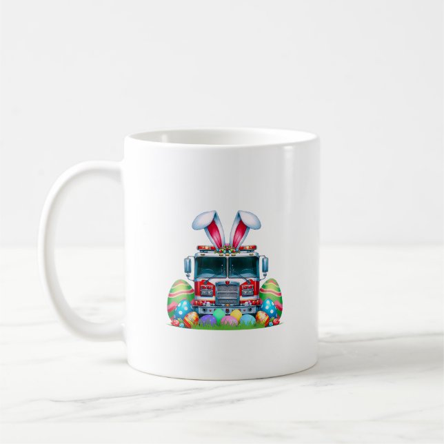 Fire Truck Easter Bunny Ears Firefighter Easter Eg Kaffemugg (Vänster)