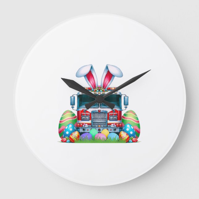 Fire Truck Easter Bunny Ears Firefighter Easter Eg Stor Klocka (Framsida)