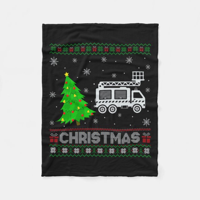 Fire Truck Xmas Tree Lighting Ugly Christmas Sweat Fleecefilt (Framsidan)