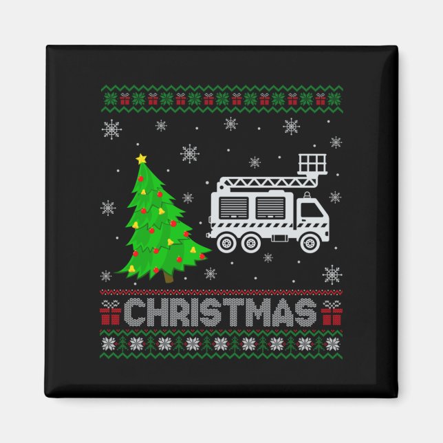 Fire Truck Xmas Tree Lighting Ugly Christmas Sweat Magnet (Framsidan)