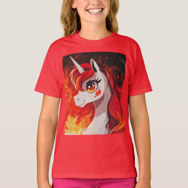 Fire Unicorn stäng upp T Shirt (Framsida)