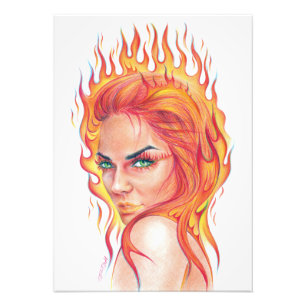 Fire Woman Surreal fantasi Porträtt teckning art Fototryck
