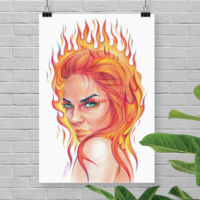 Fire Woman Surreal fantasi Porträtt teckning art Poster (Skapare uppladdad)