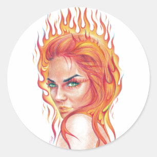 Fire Woman Surreal fantasi Porträtt teckning art Runt Klistermärke