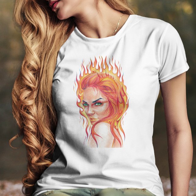 Fire Woman Surreal Fantasy Porträtt teckning art T-shirt (Skapare uppladdad)