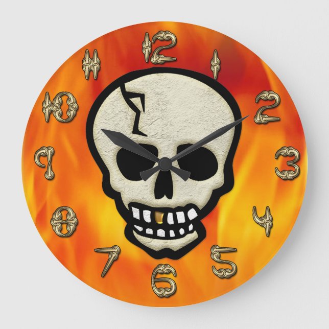 Fire-y Skull med siffror som är tillverkade av ben Stor Klocka (Framsida)