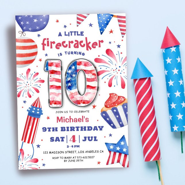 Firecracker 4 juli 10:e födelsedagen Patriotic Cut Inbjudningar (Skapare uppladdad)