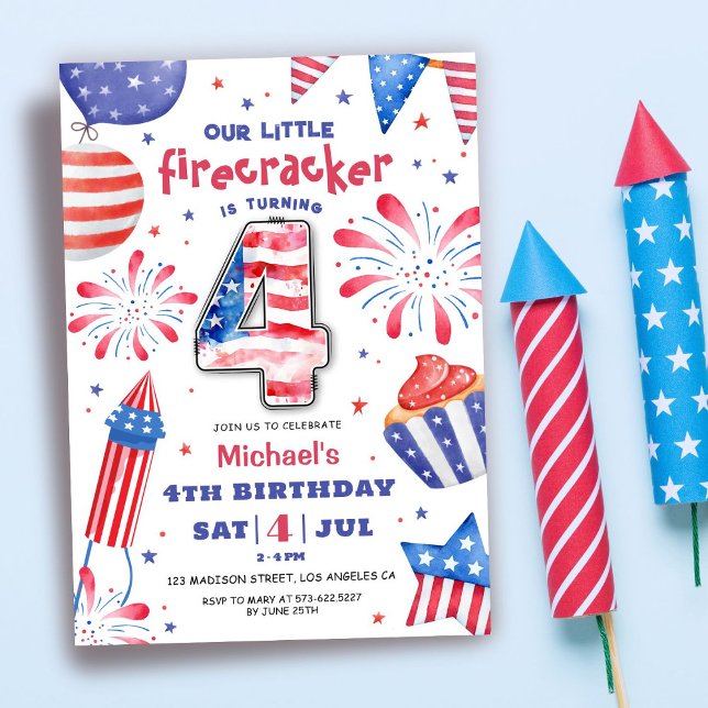 Firecracker 4 juli 4e födelsedagen Patriotic Cute Inbjudningar (Skapare uppladdad)
