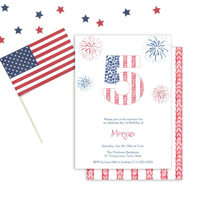 Firecracker Minnesdagen 5-års födelsedagsfest Inbjudningar (Summer fun red white and blue 5th birthday party invite featuring watercolor firework bursts)