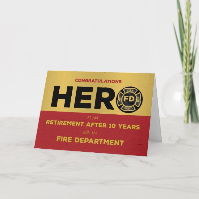 Firefighter 10 Year Pension Hero Grunge Emblem Kort (Framsida)