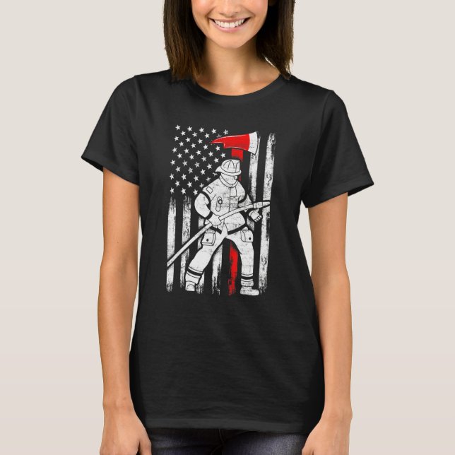 Firefighter American Flag Patriotic US Fireman 4th T Shirt (Framsida)