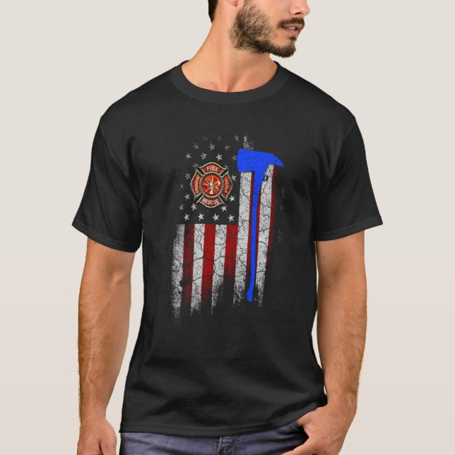 Firefighter American Flagga Ax T Shirt Patriotic D (Framsida)