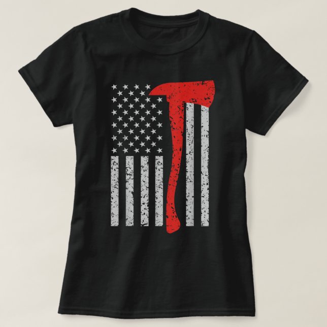 Firefighter American Flagga Ax Thin Red Line Patri T Shirt (Design framsida)