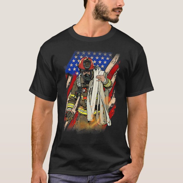 Firefighter American Flagga Memorial Day Fireman P T Shirt (Framsida)