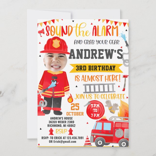 Firefighter Birthday-inbjudan med foto Inbjudningar (Framsida)