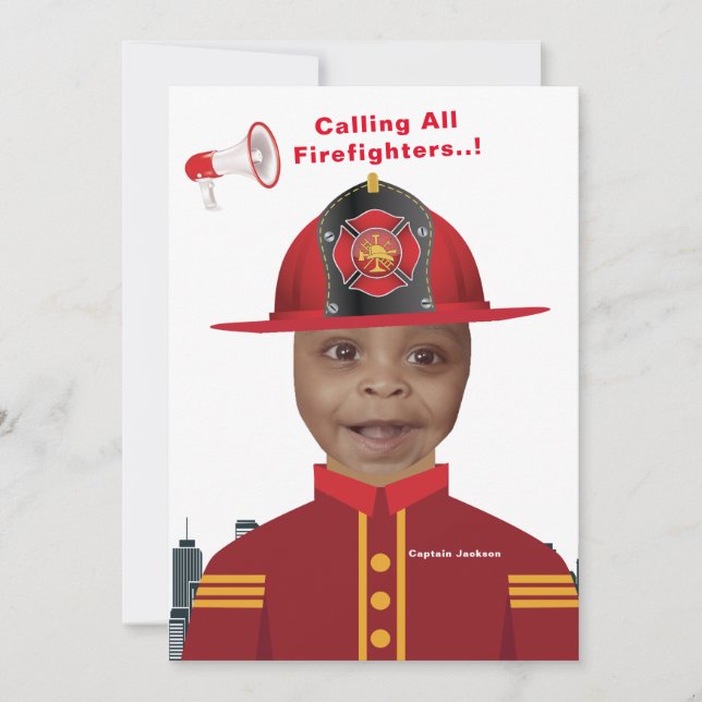 Firefighter Boys Ansikte i Hål Photo Birthday Inbjudningar (Framsida)