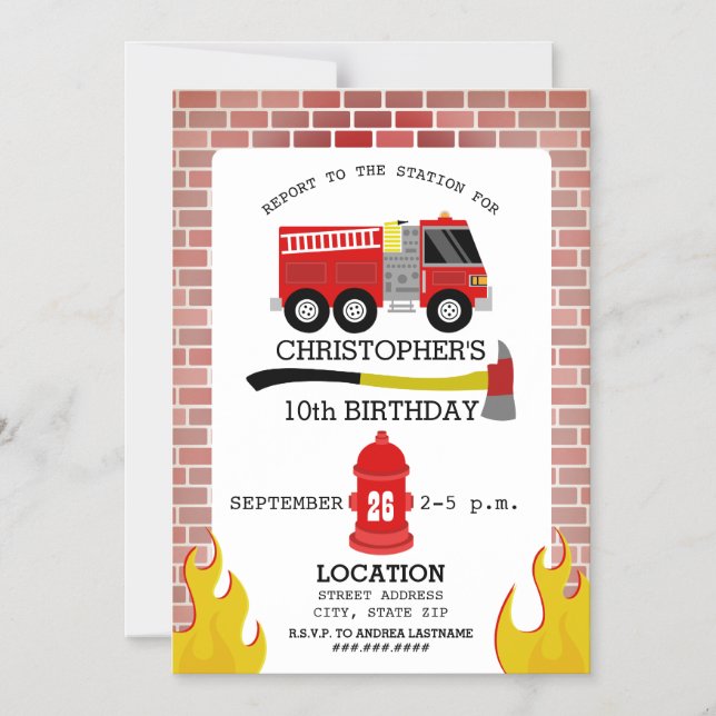Firefighter Brick Flames Ax Hydrant Birthday Magnetisk Inbjudningskort (Framsida)