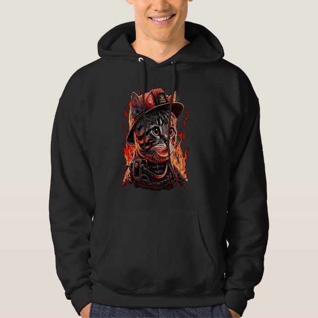 Firefighter Cat Kitten Fireman Helmet Firefighter Hoodie (Framsida)