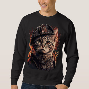 Firefighter Cat Kitten Fireman Helmet Firefighter Lång Ärmad Tröja