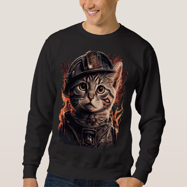 Firefighter Cat Kitten Fireman Helmet Firefighter Lång Ärmad Tröja (Framsida)