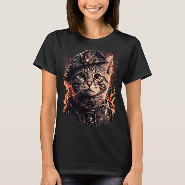 Firefighter Cat Kitten Fireman Helmet Firefighter T Shirt (Framsida)