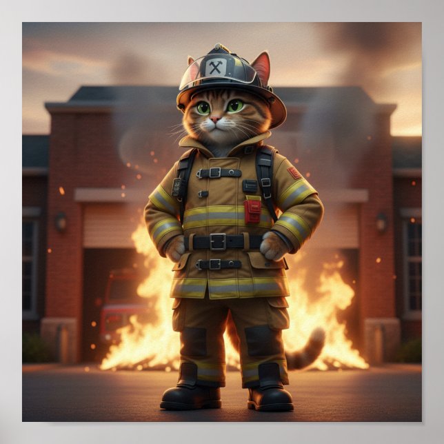Firefighter Cat Poster – 3D Hero Cat Wall Art (Framsidan)