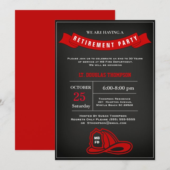 Firefighter Chalkboard Pension Party Inbjudningar (Fram/baksida)
