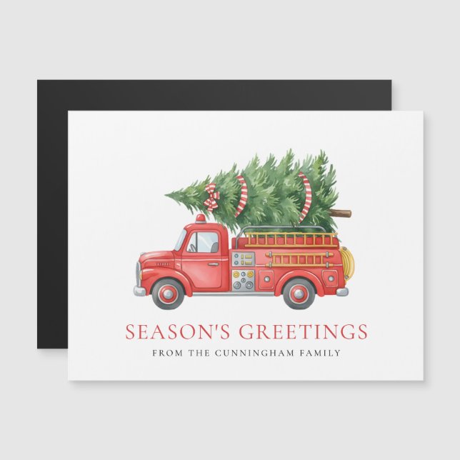 Firefighter Christmas Red Fire Truck Magnetic Card (Fram/baksida)