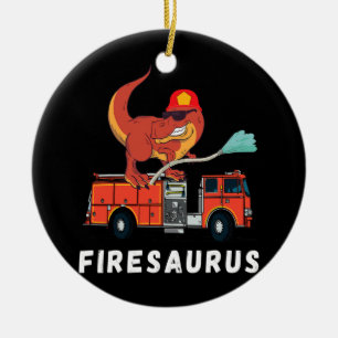 Firefighter Dinosaur Funny Fireman Lastbil T Rex Julgransprydnad Keramik