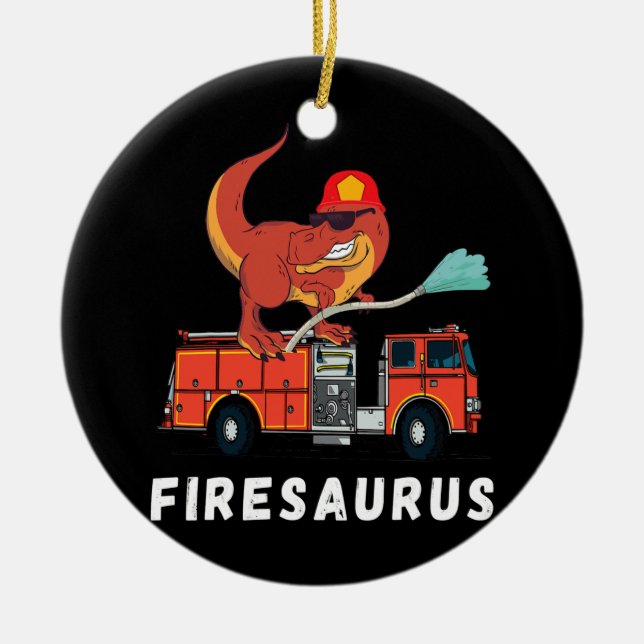 Firefighter Dinosaur Funny Fireman Lastbil T Rex Julgransprydnad Keramik (Framsidan)