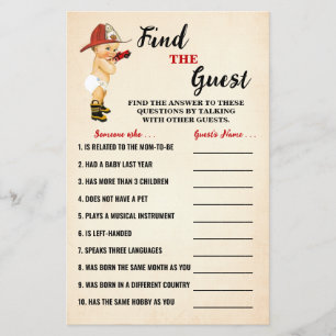 Firefighter Find the Guest Baby Shower Game Card Flygblad