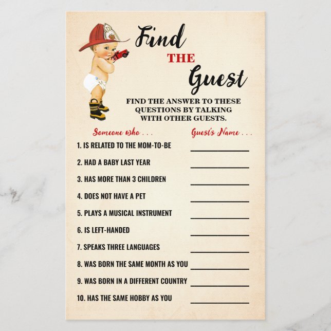 Firefighter Find the Guest Baby Shower Game Card Flygblad (Framsidan)