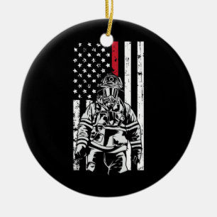 Firefighter Fireman American Flagga Red Line Julgransprydnad Keramik
